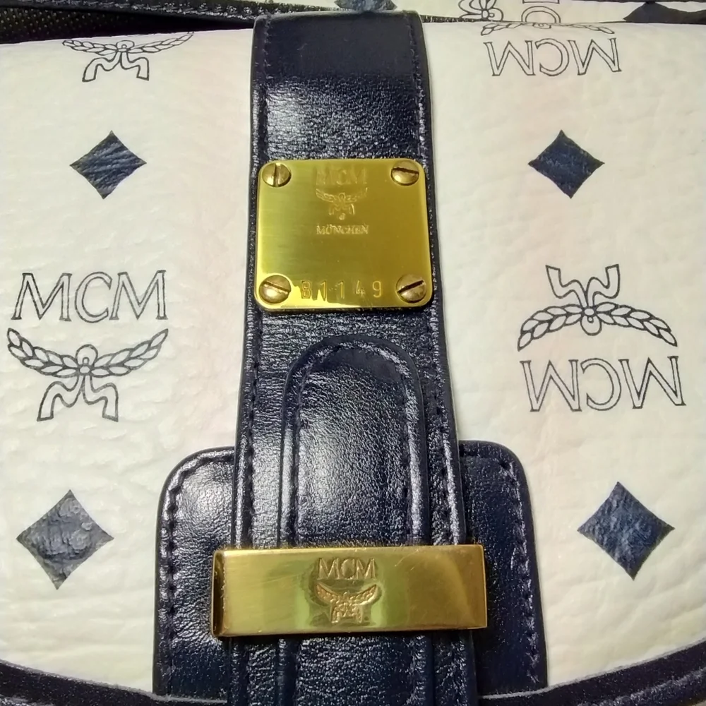 MCM Patricia Monogram Blue White Leather Crossbody Shoulder Bag Laurel Lock